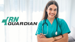 A nurse with cross arms smiles. RN Guardian logo.