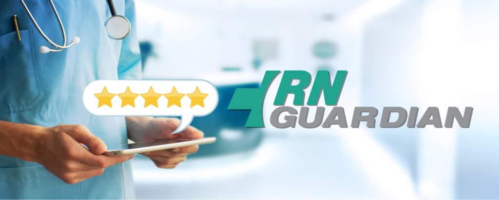 Nurse on a tablet with 5 stars in a speech bubble. RNG Logo.