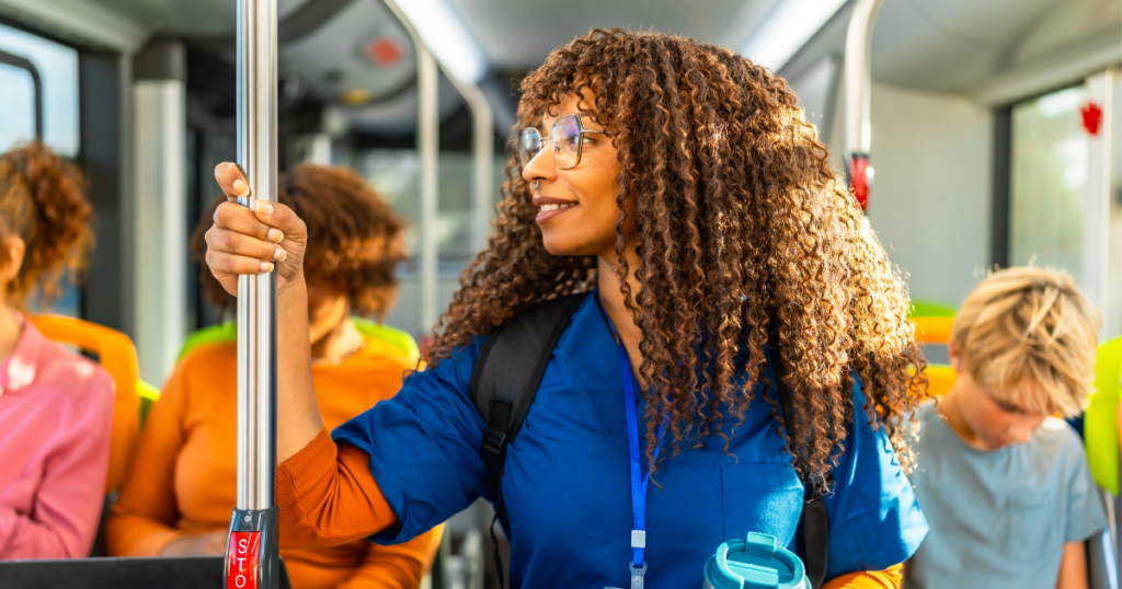 Texas nurse taking public transportation to work.