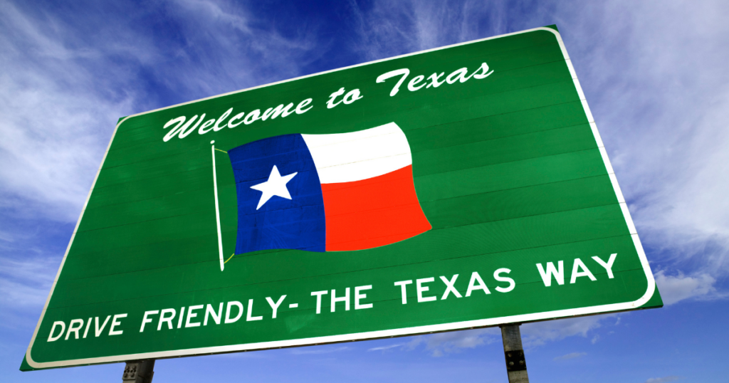 Road sign that says, “Welcome to Texas. Drive friendly — the Texas Way”